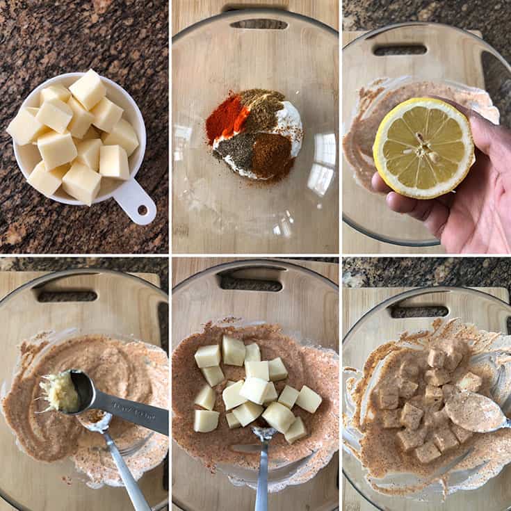 Side by side photos showing the making of yogurt marinade with spices for paneer