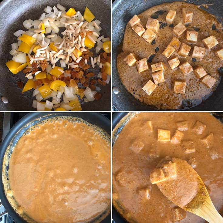 Step by step photos showing the making of masala and the curry