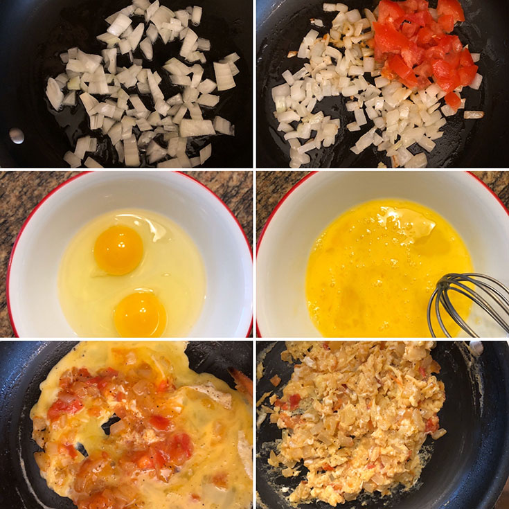 Step by step photos showing the making of scrambled eggs