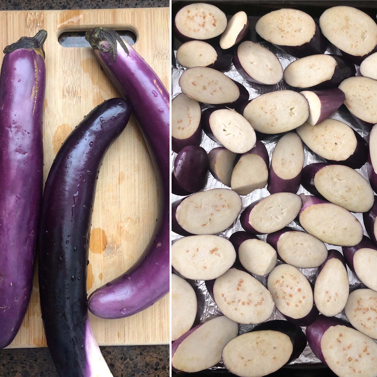 Chopping board with 3 long Chinese eggplants and a foil lined baking sheet with sliced eggplant.