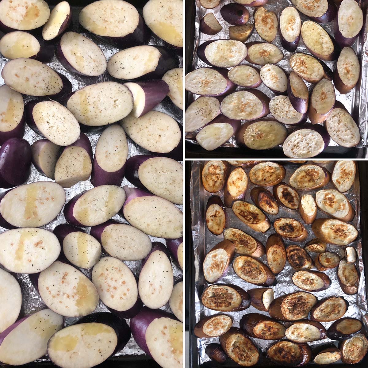 Step by step photos showing the roasting of sliced eggplants under the broiler.