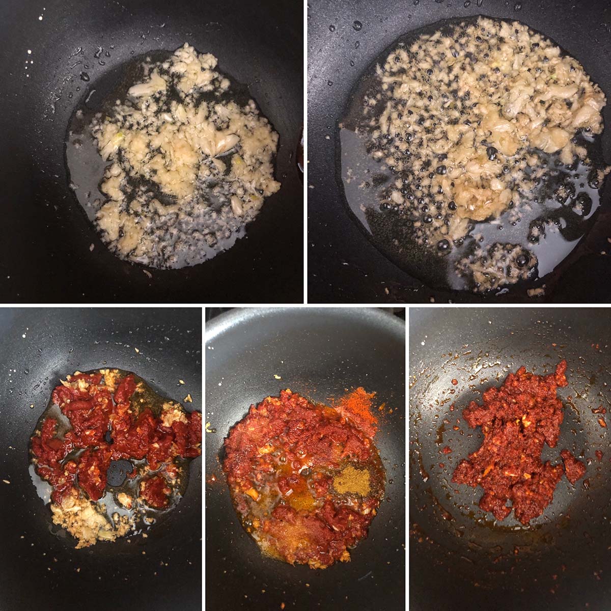 5 panel photo showing the cooking of garlic, tomato paste and spices in a nonstick pan.