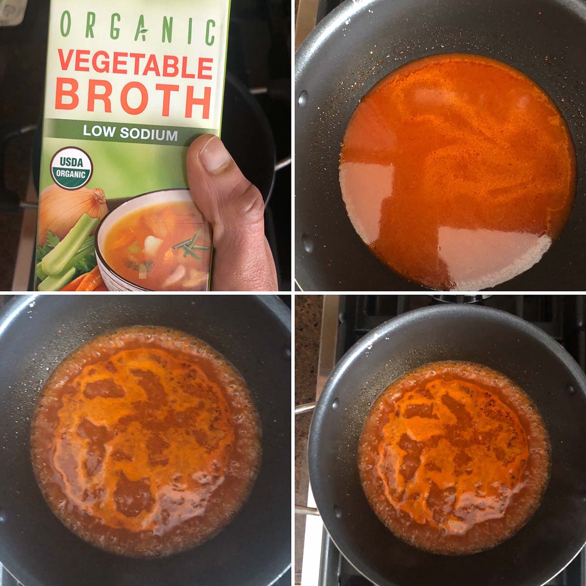 4 panel photo showing the addition of veggie stock to pan to make tomato sauce.