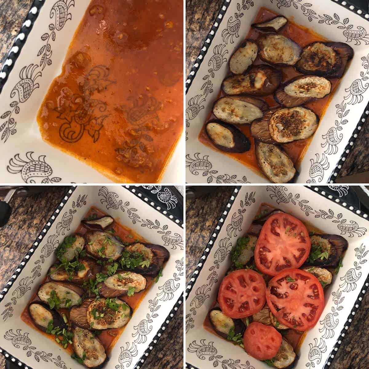 Step by step photos showing the layering of borani banjan with tomato sauce, roasted eggplant, cilantro and sliced tomatoes.