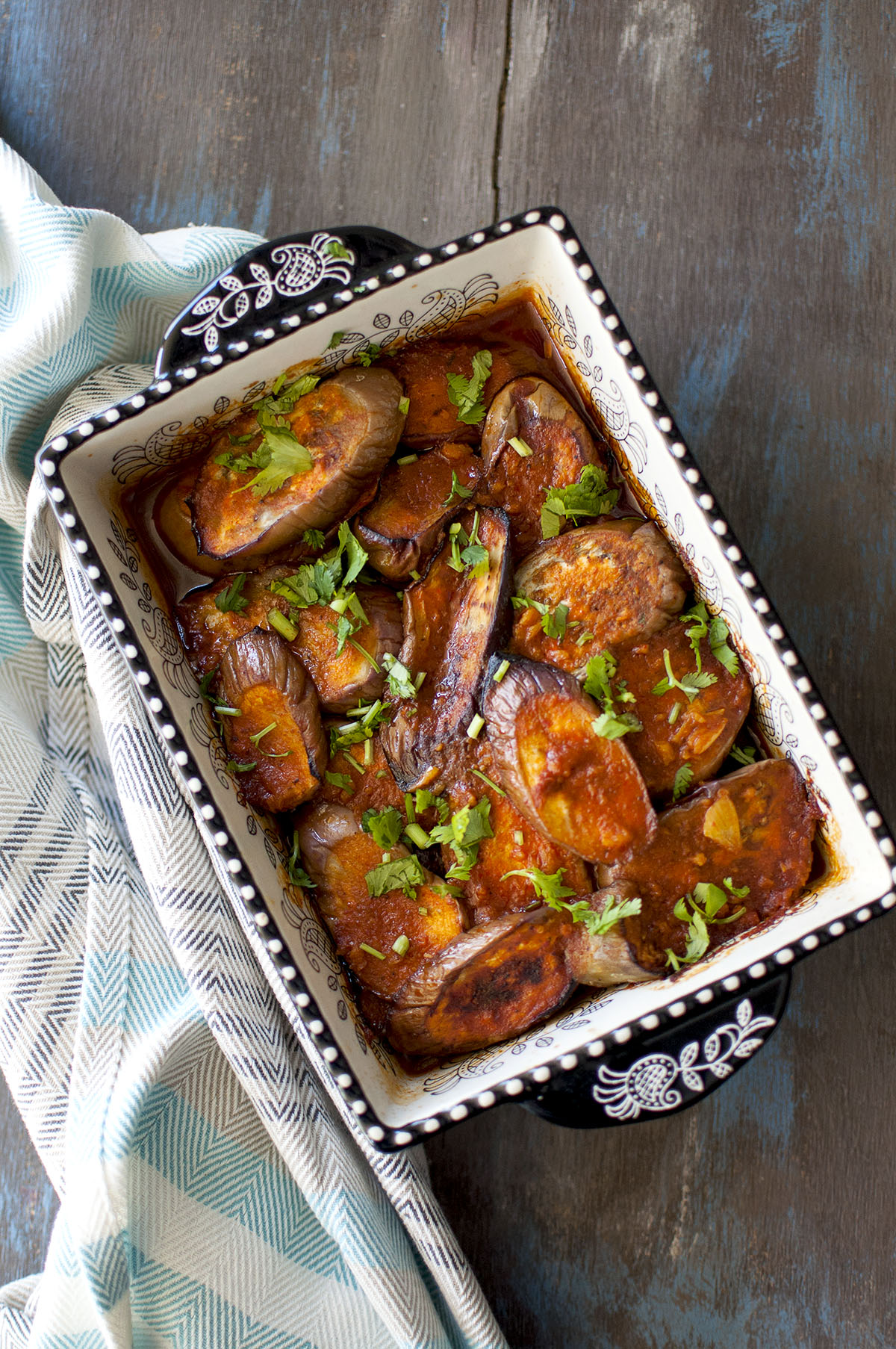 Black and White baking dish with Afghani Borani Banjan.