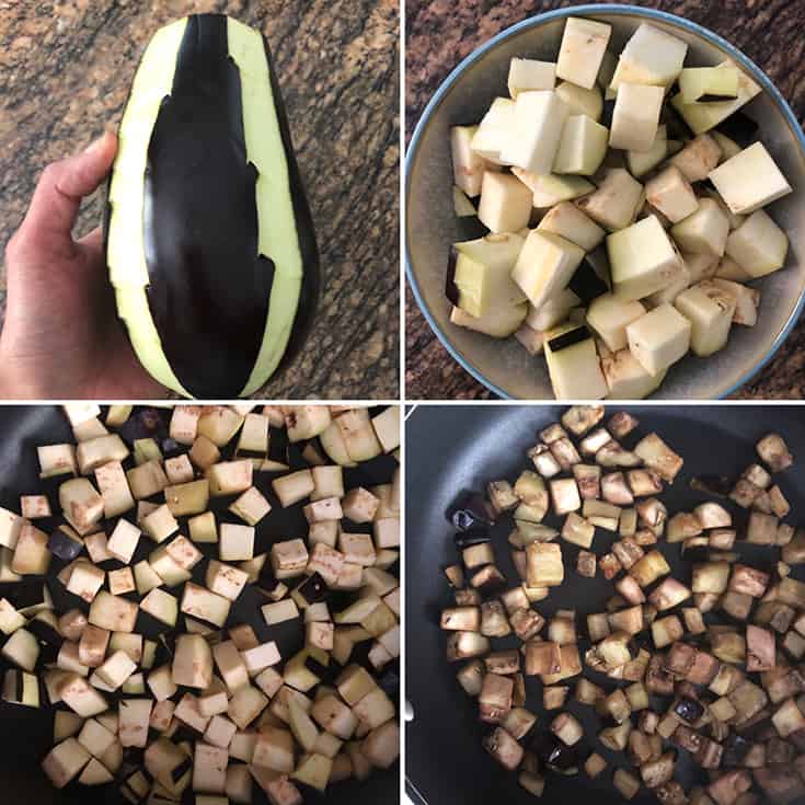 Step by step photos showing peeled & diced eggplant, sauteed until golden