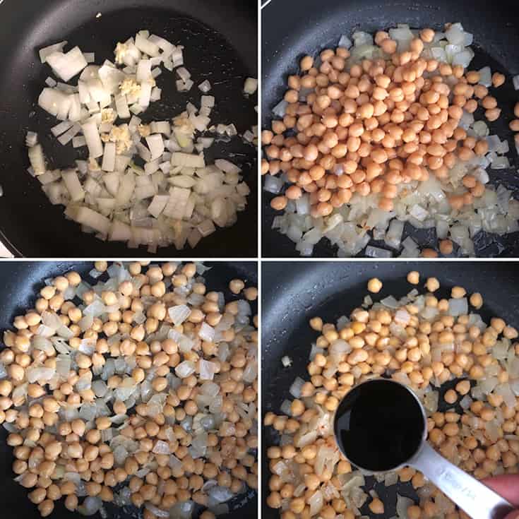 Step by step photos showing sauteed onions, garlic, chickpeas and pomegranate molasses