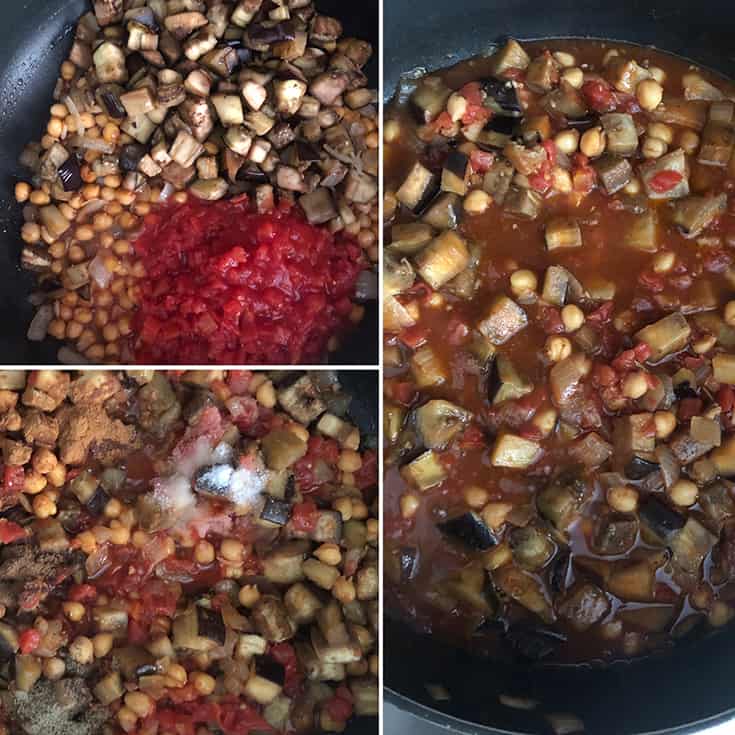 Step by step photos showing the addition of browned eggplant, diced tomatoes and spices being added to the eggplant stew