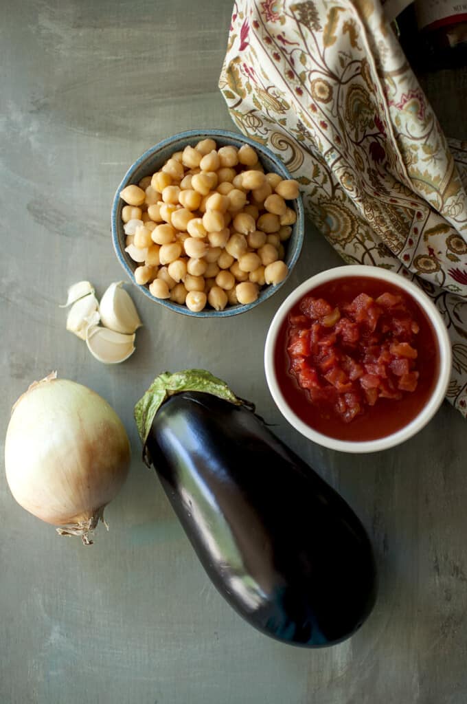 Ingredients needed - eggplant, onion, garlic, chickpeas, canned tomatoes