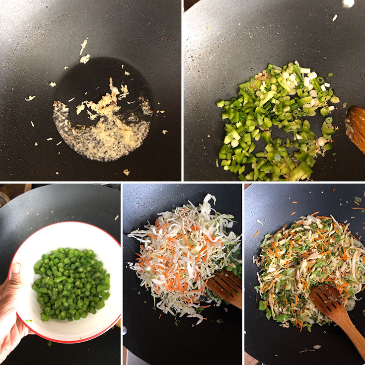 Step by step photos of vegetables being cooked to make fried rice