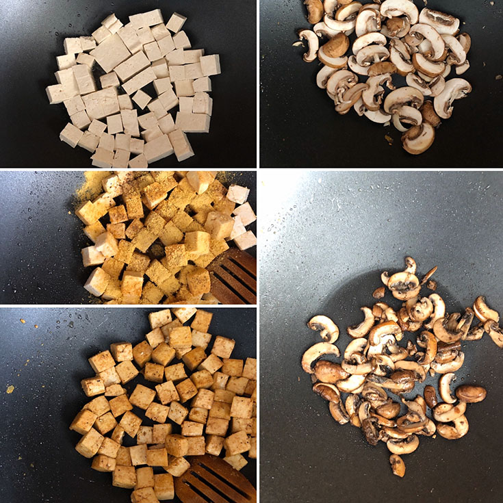 Step by step photos showing the making of crispy tofu and fried mushroom