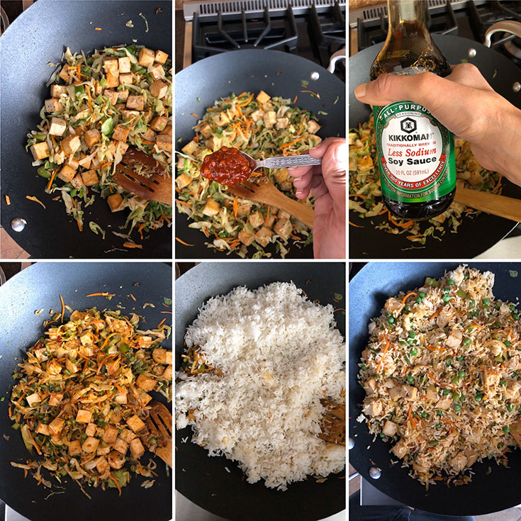 Step by step photos showing the cooking of vegetables and rice to make fried rice