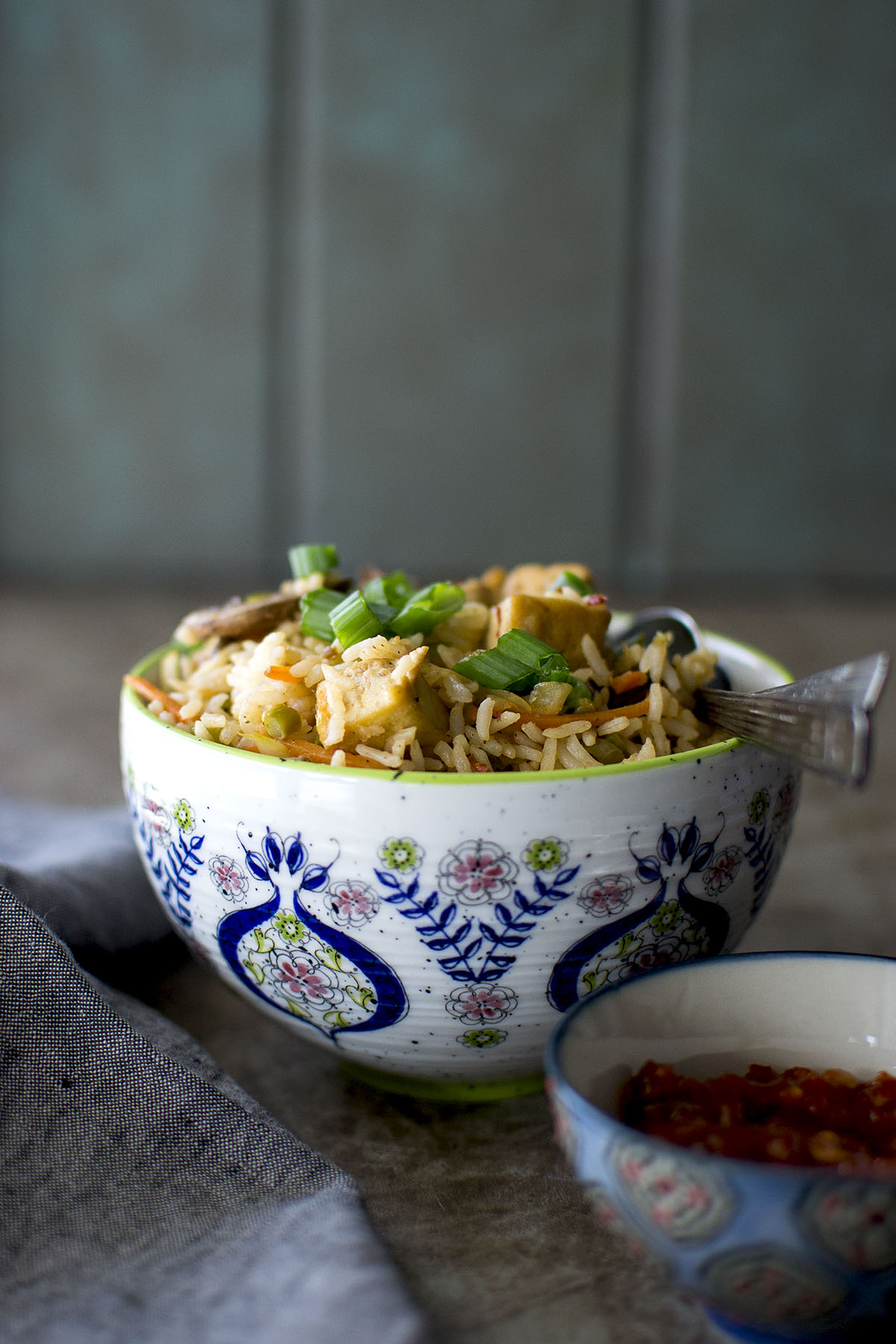 White bowl with Schezwan fried rice