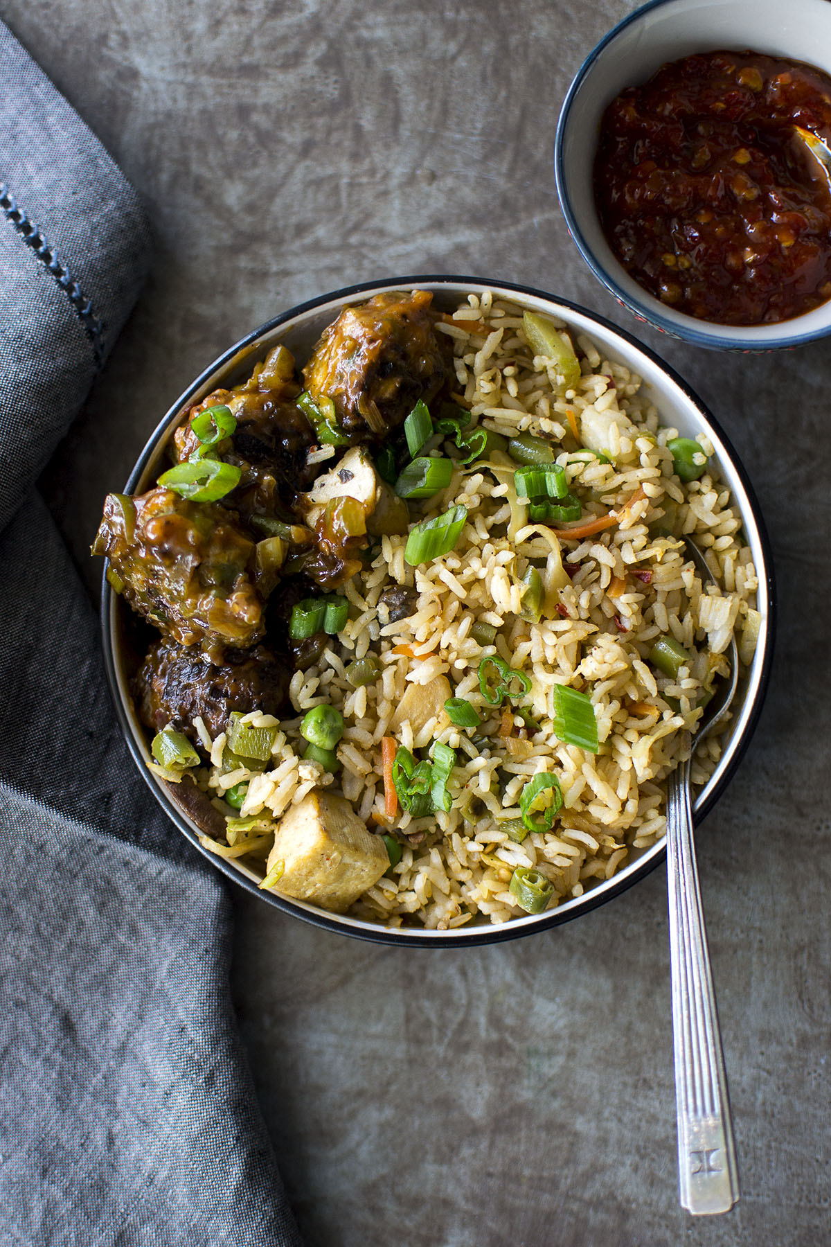 Plate with fried rice and manchurian