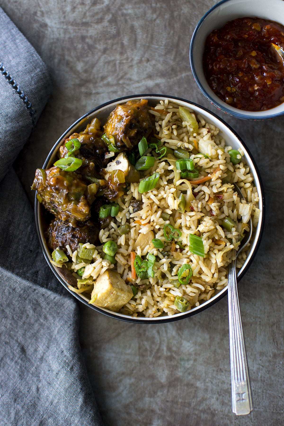 Plate with fried rice and manchurian