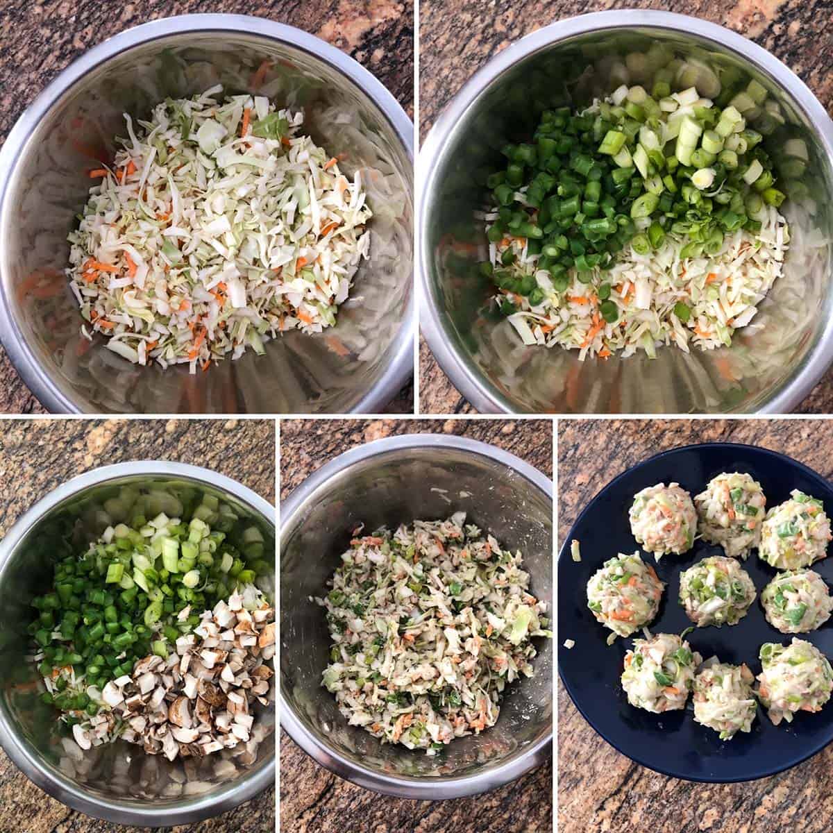 5 panel photo showing the making of veg balls.