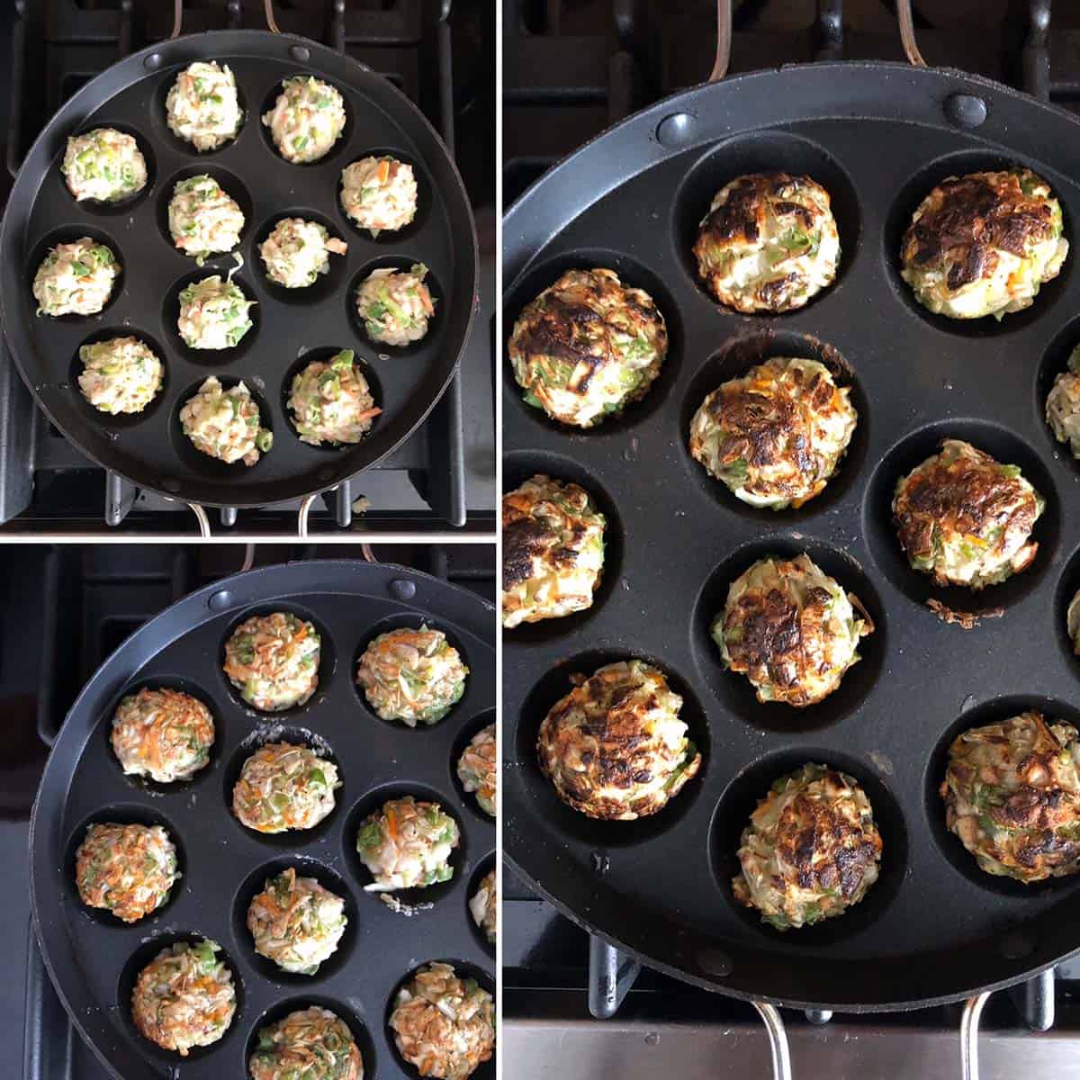 3 panel photo showing the cooking of veg balls in appe pan.