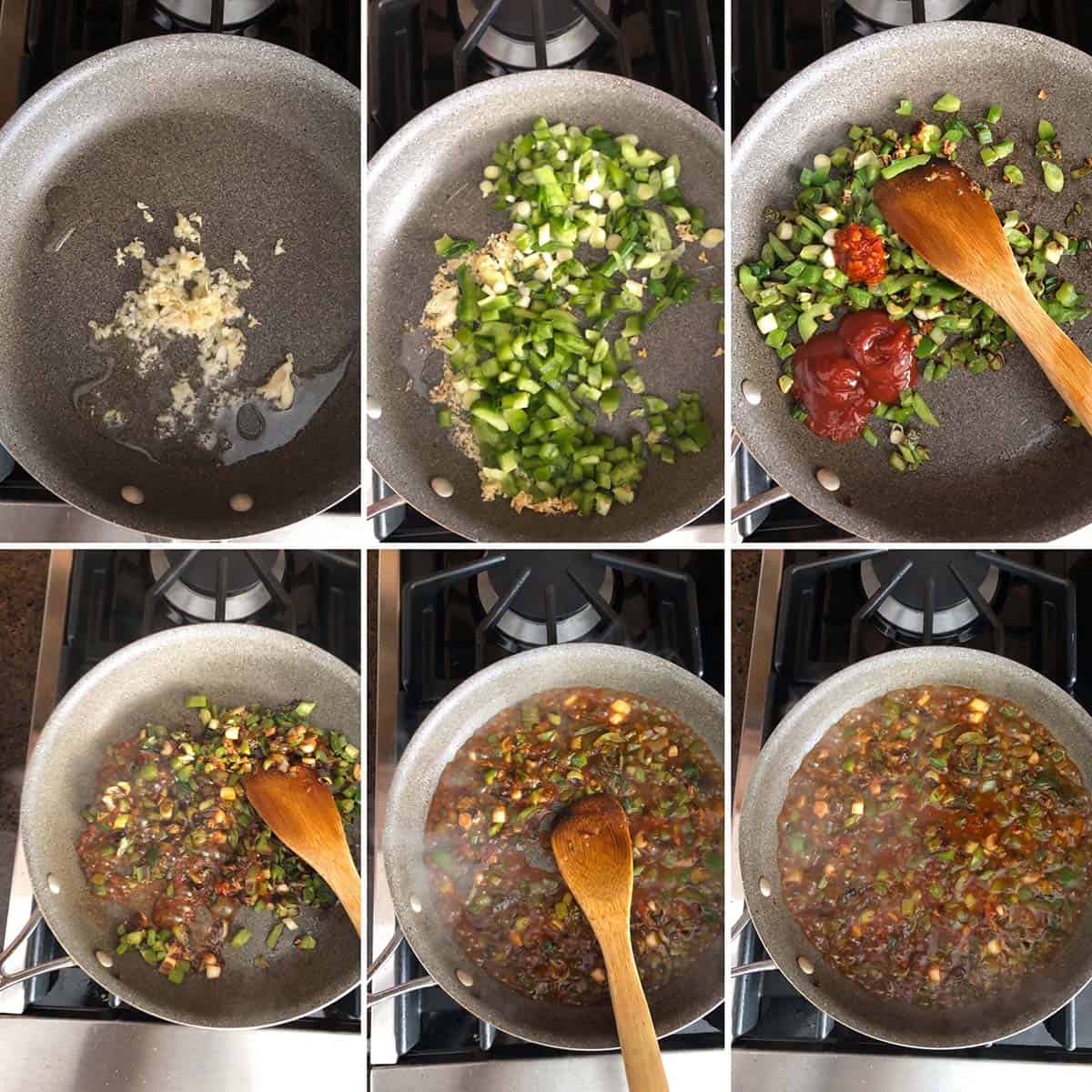6 panel photo showing the sautéing of veggies for the sauce.