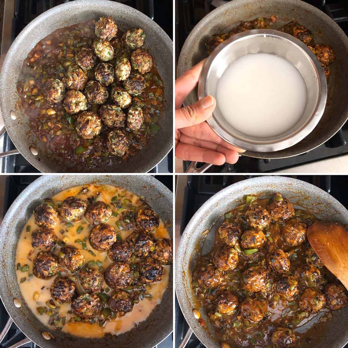 4 panel photo showing the addition of manchurian balls and corn starch slurry to the pan.