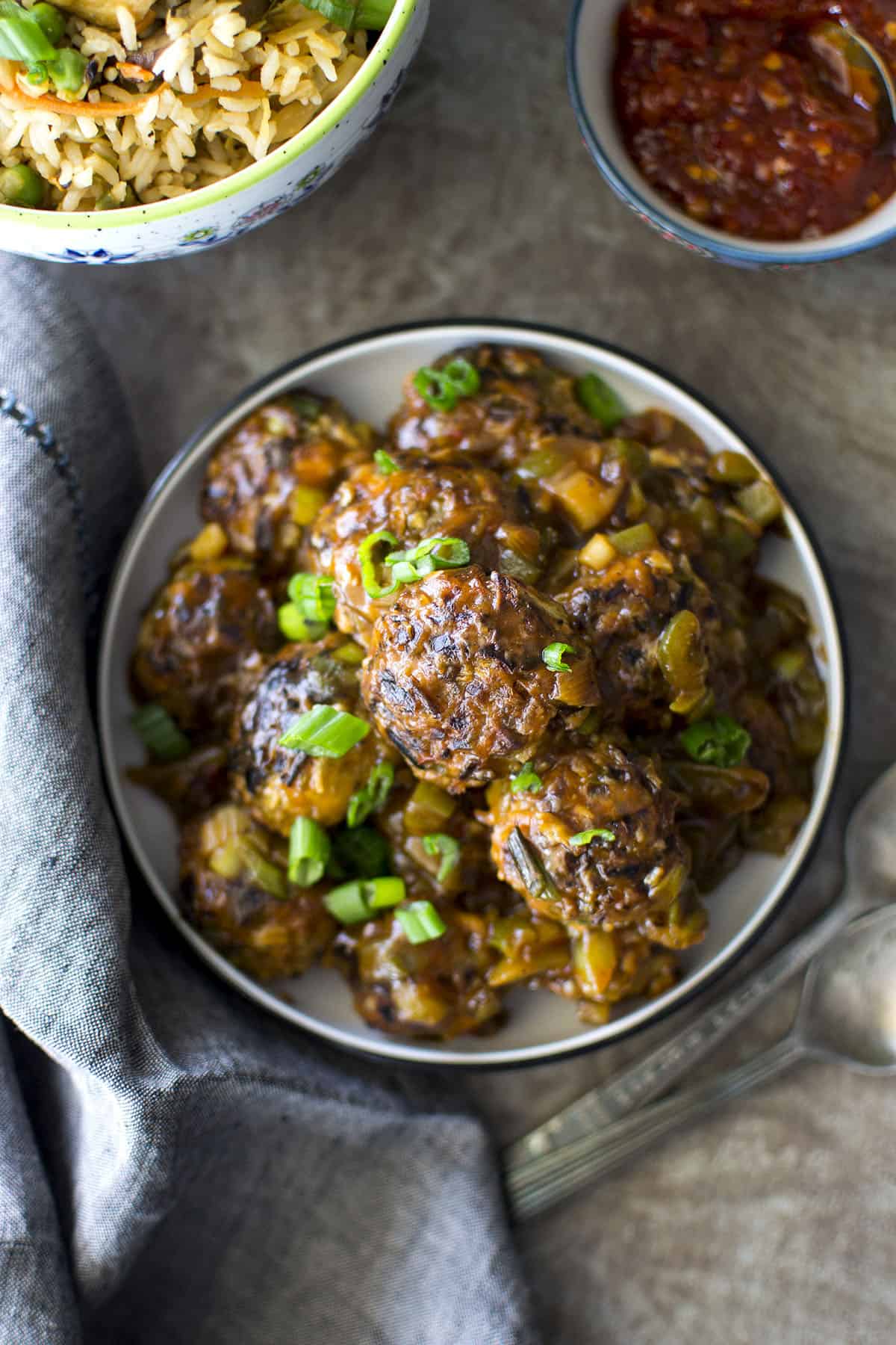 Top view of a plate with manchurian balls.