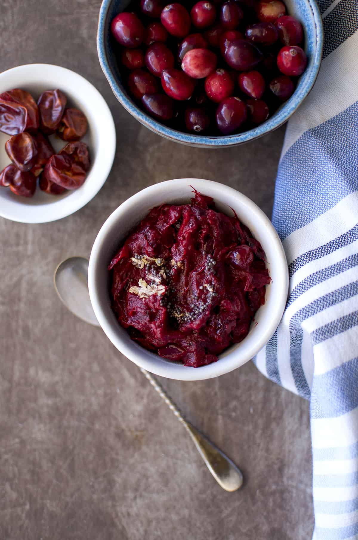 White bowl with spicy cranberry pachadi