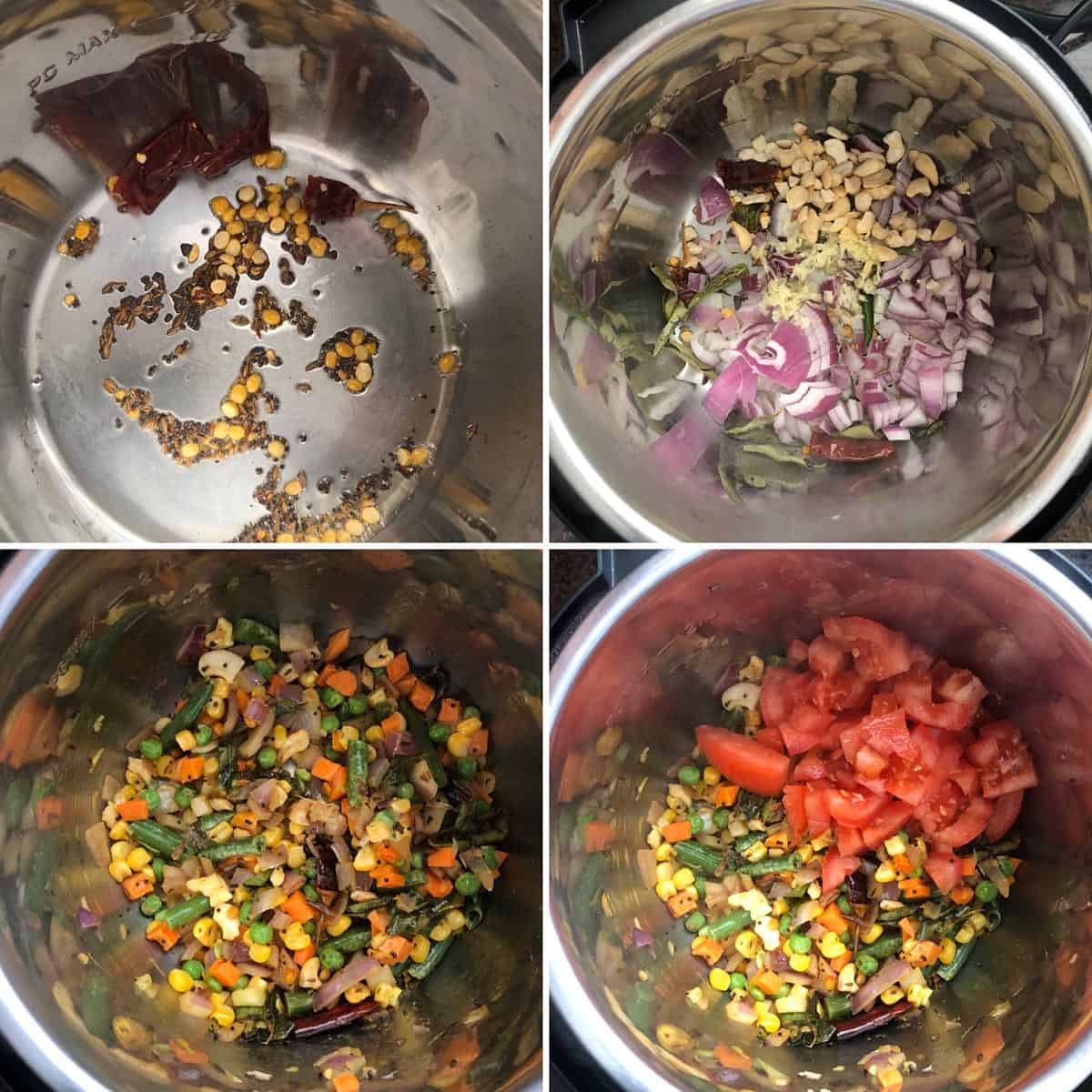 Step by step photos showing the making the tempering and adding veggies to Instant Pot