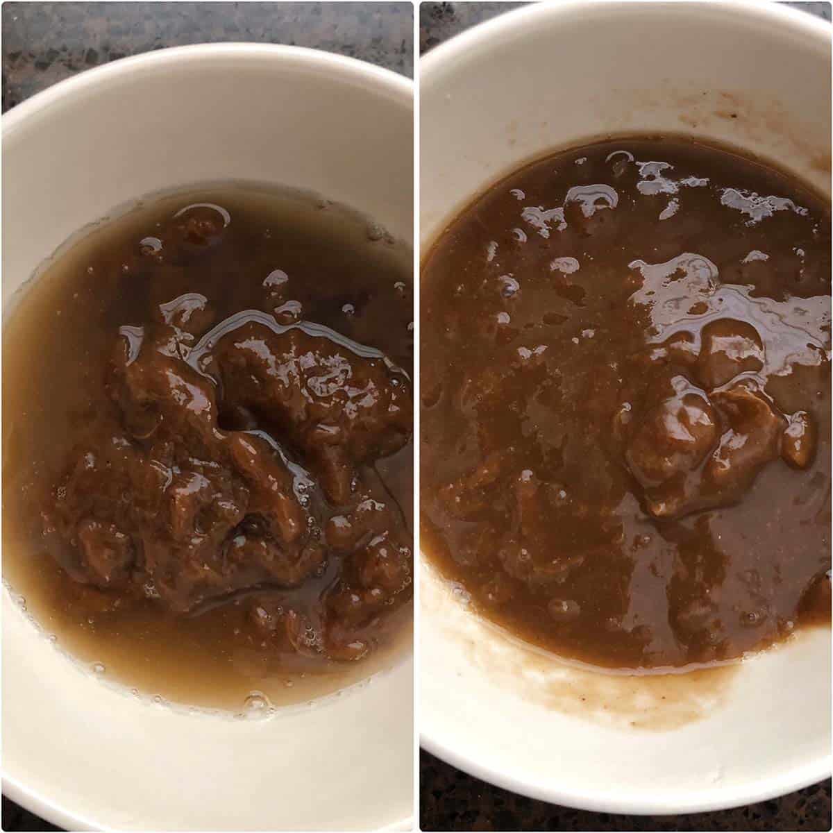 2 panel photo showing the making of tamarind paste.