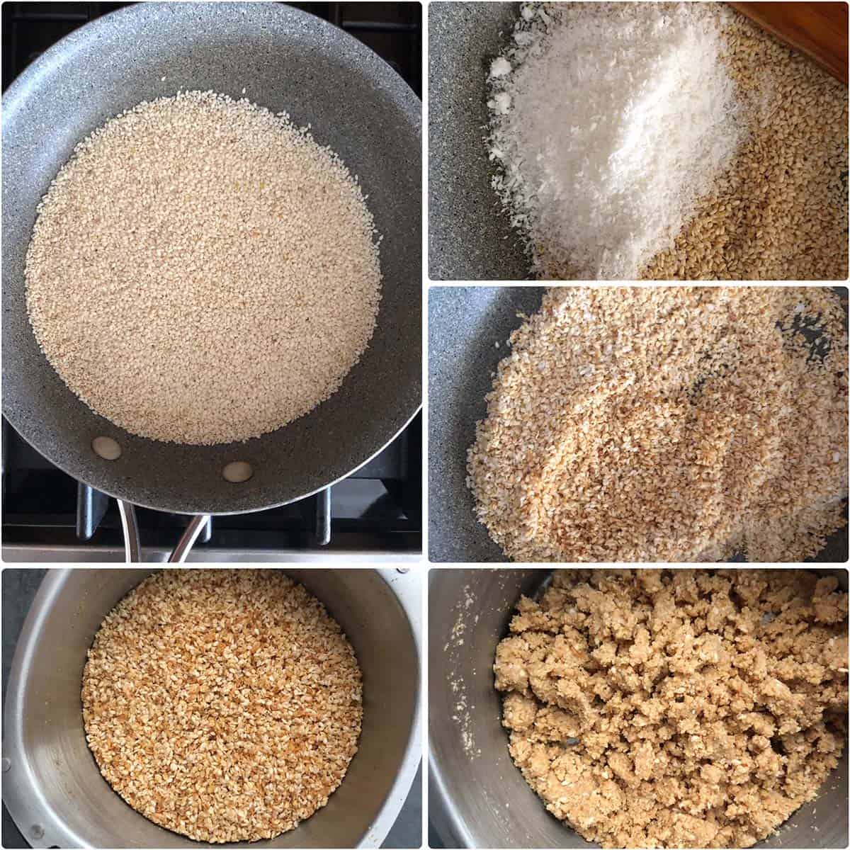 5 panel photo showing the roasting of sesame seeds and dry coconut and ground to powder.
