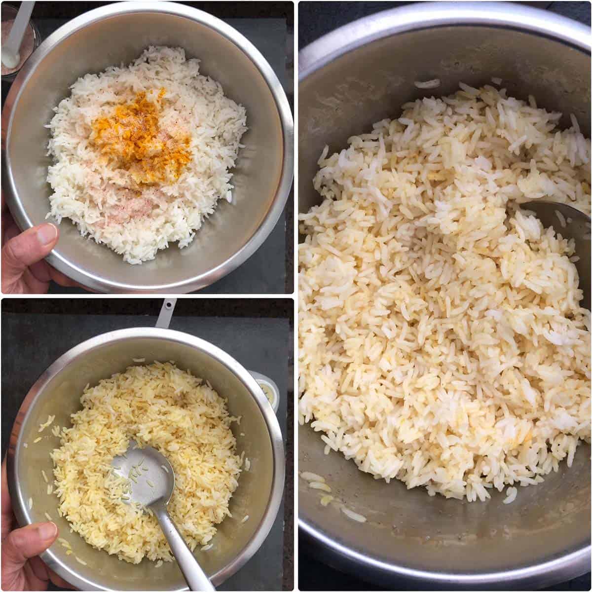 3 panel photo showing the mixing of turmeric and salt to cooked rice.