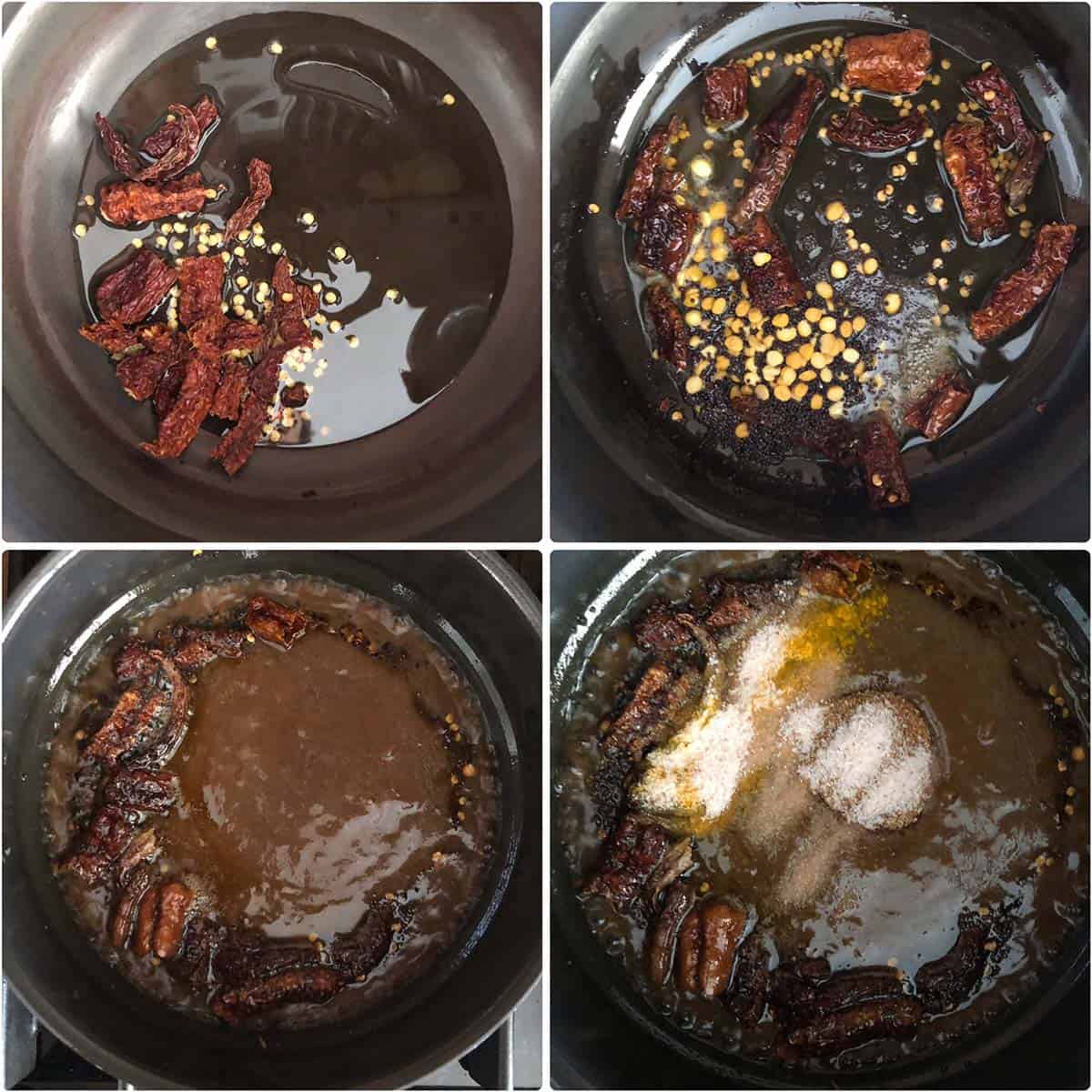 4 panel photo showing the addition of chiles, tamarind paste, salt and turmeric to nonstick pan.