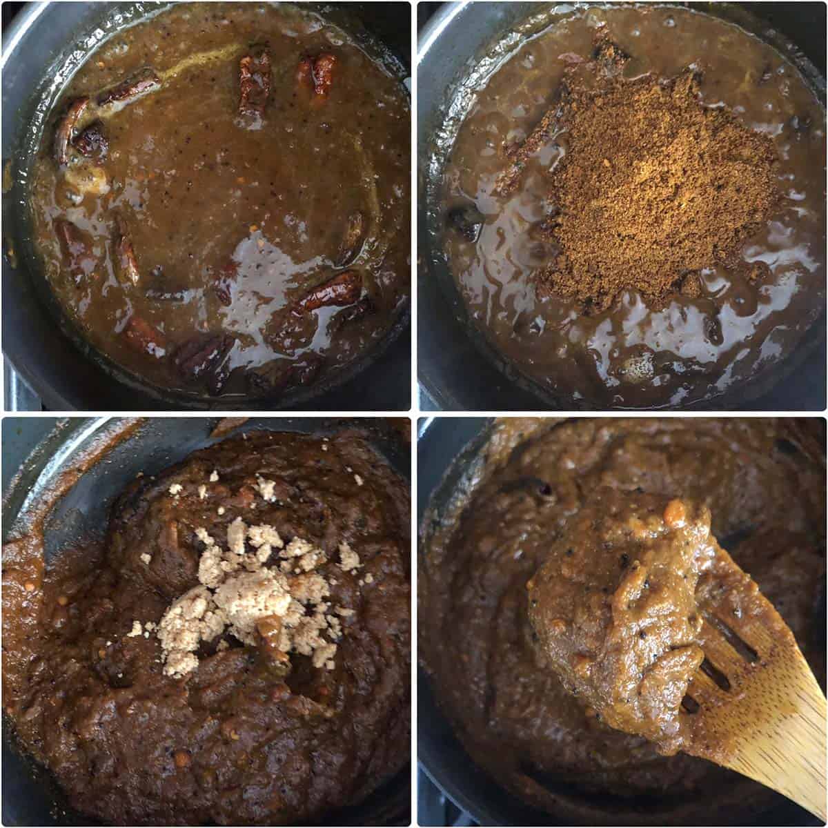 4 panel photo showing the addition of jaggery, sesame powder to the tamarind paste.