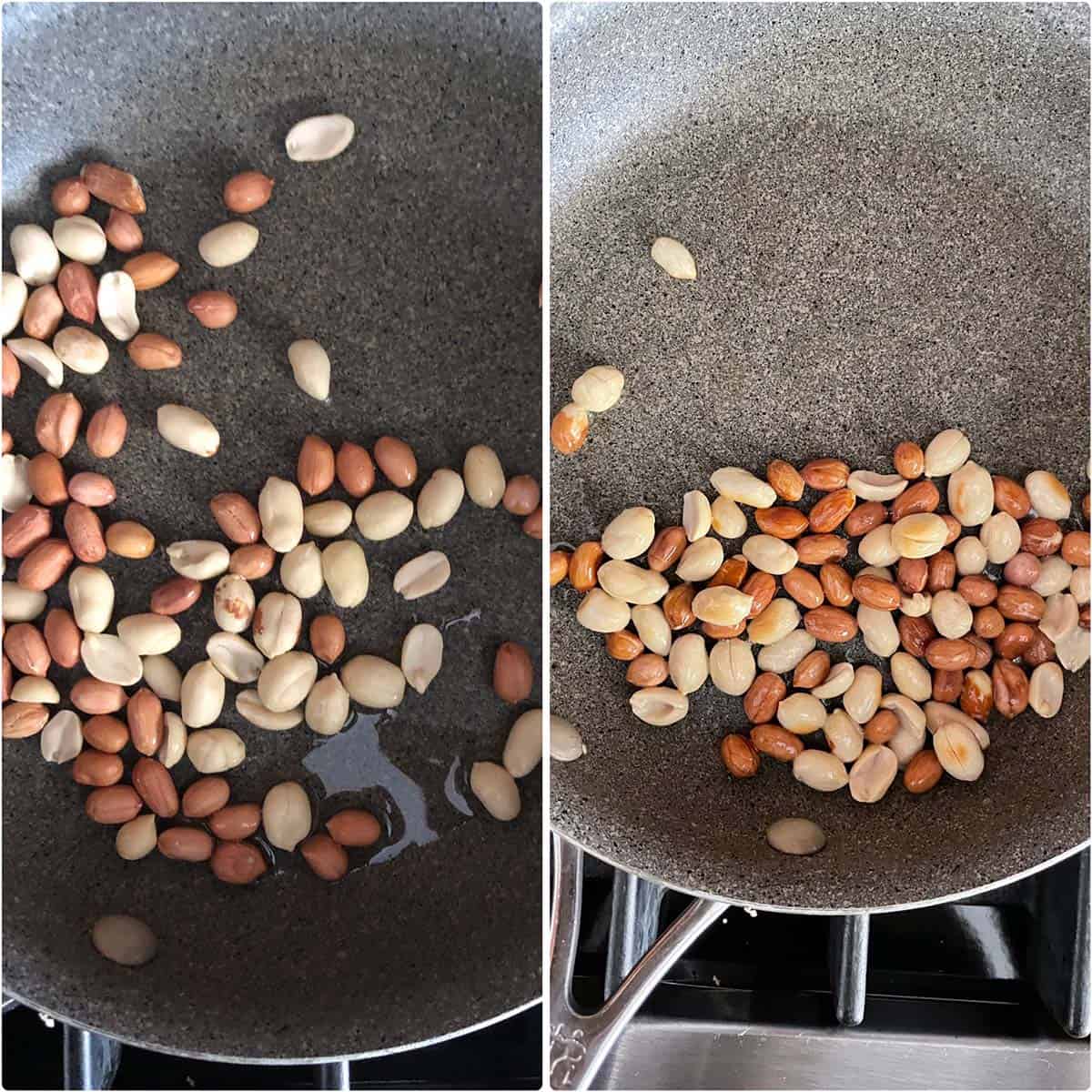 2 panel photo showing the roasting of peanuts.