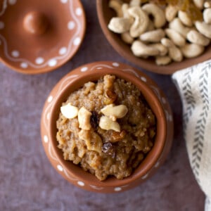 Brown bowl with Bellam Payasam