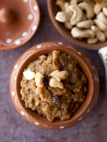 Brown bowl with Bellam Payasam