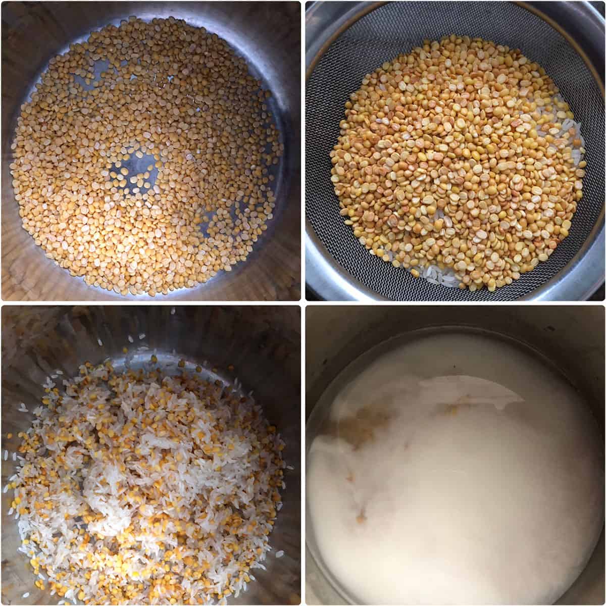 Dal sautéed until golden and mixed with rice, water and milk 