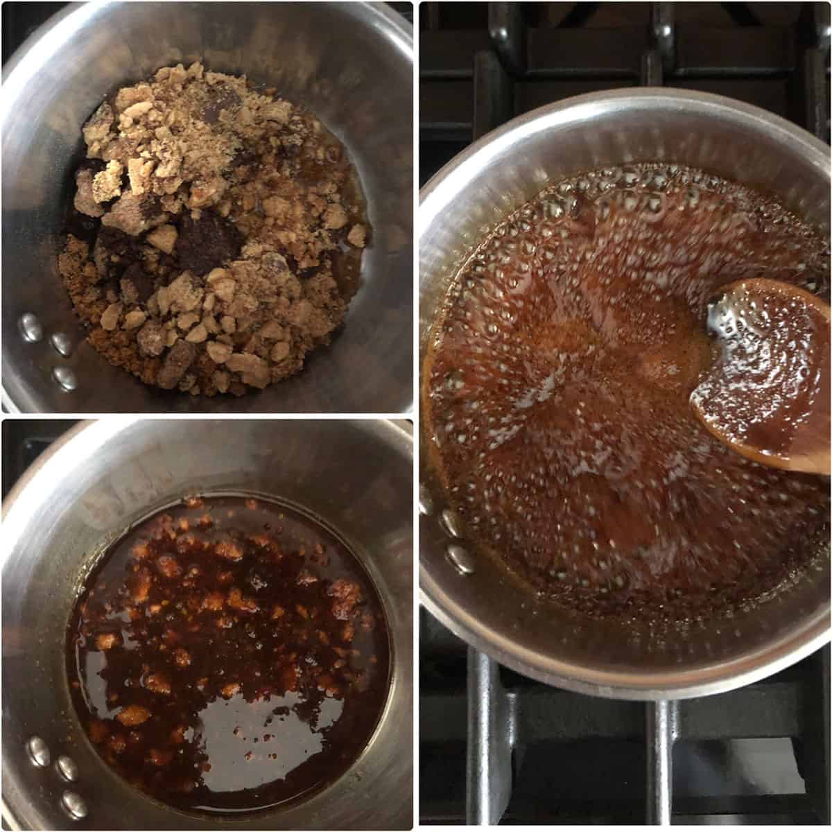 Jaggery melted with water and cooked till thickened