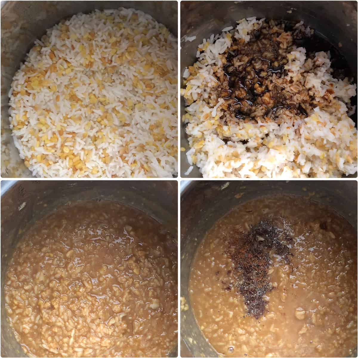 Jaggery syrup added to cooked rice and lentil mixture