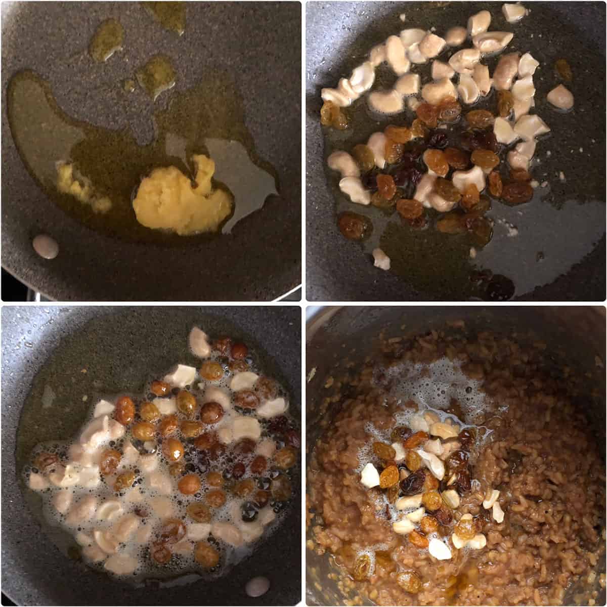 Cashews and raisins cooked in ghee until golden and added to sweet pongal