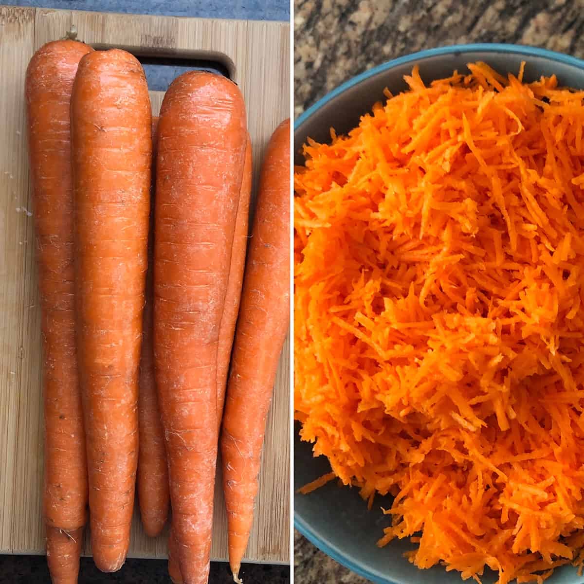 Side by side photos of carrots and finely grated carrots