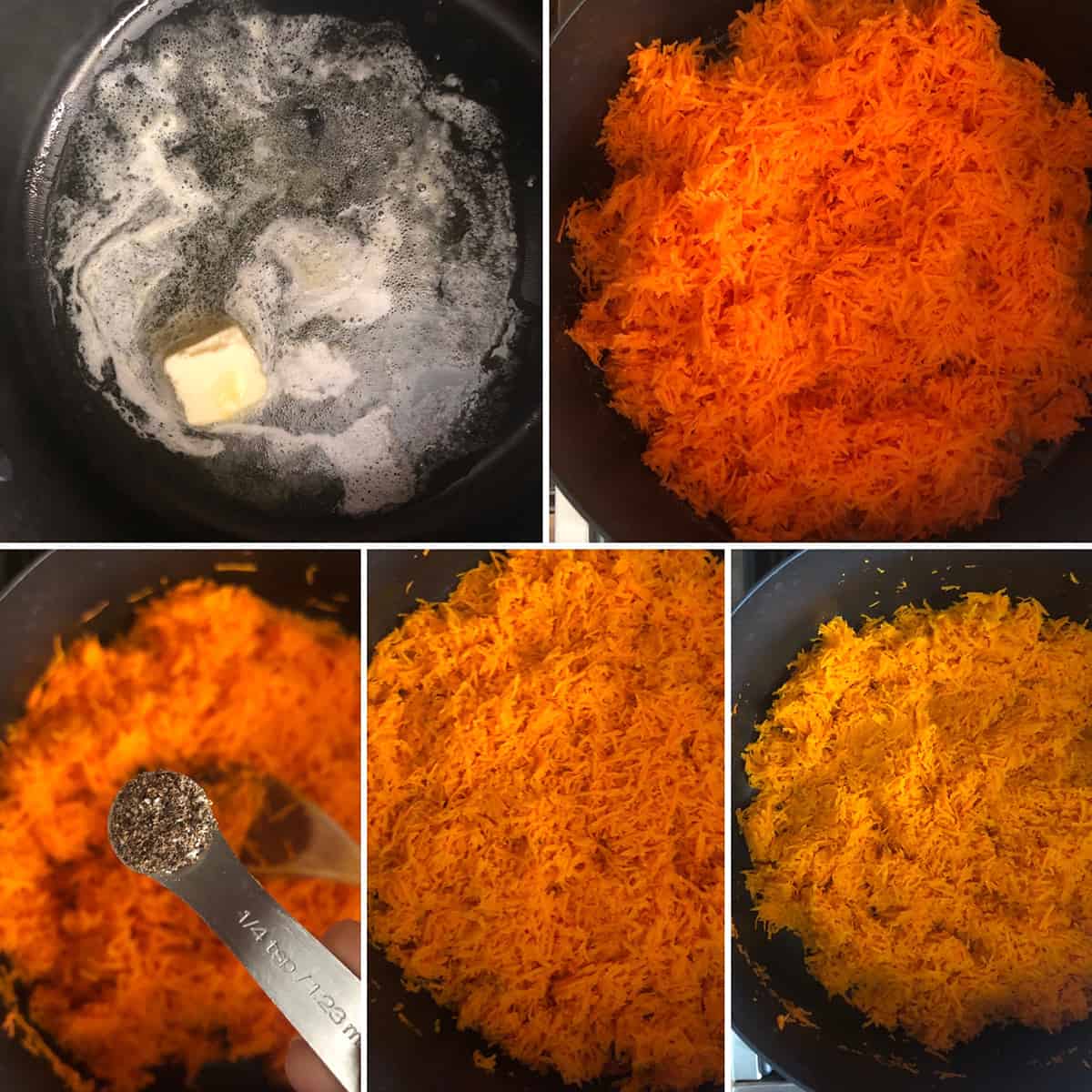 Step by step photos showing cooking of carrots in melted butter