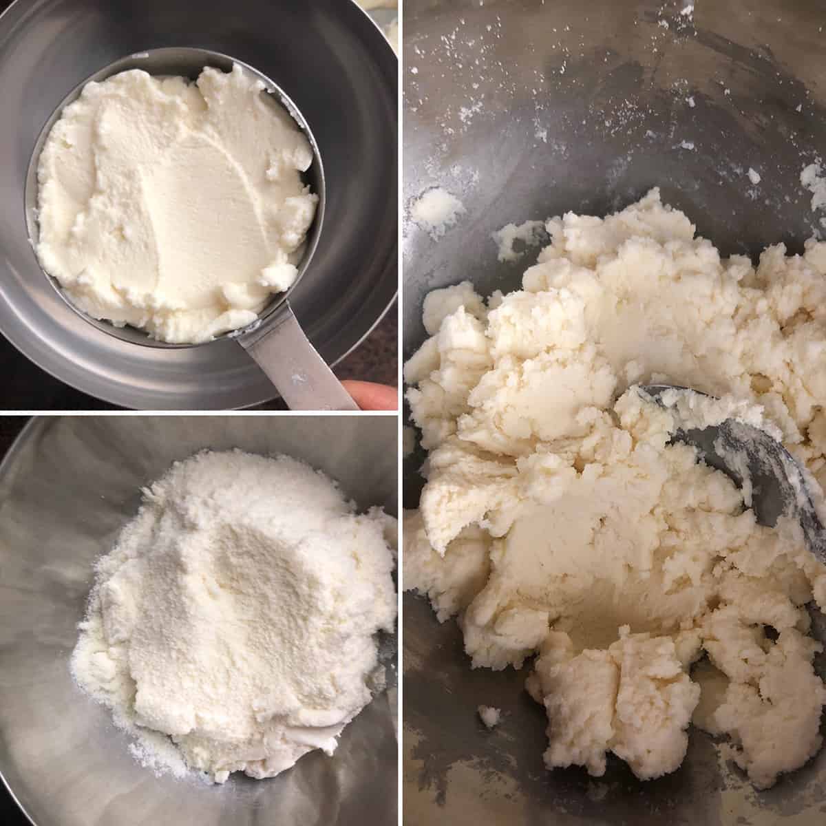 Combining ricotta cheese and dry milk powder in a steel bowl