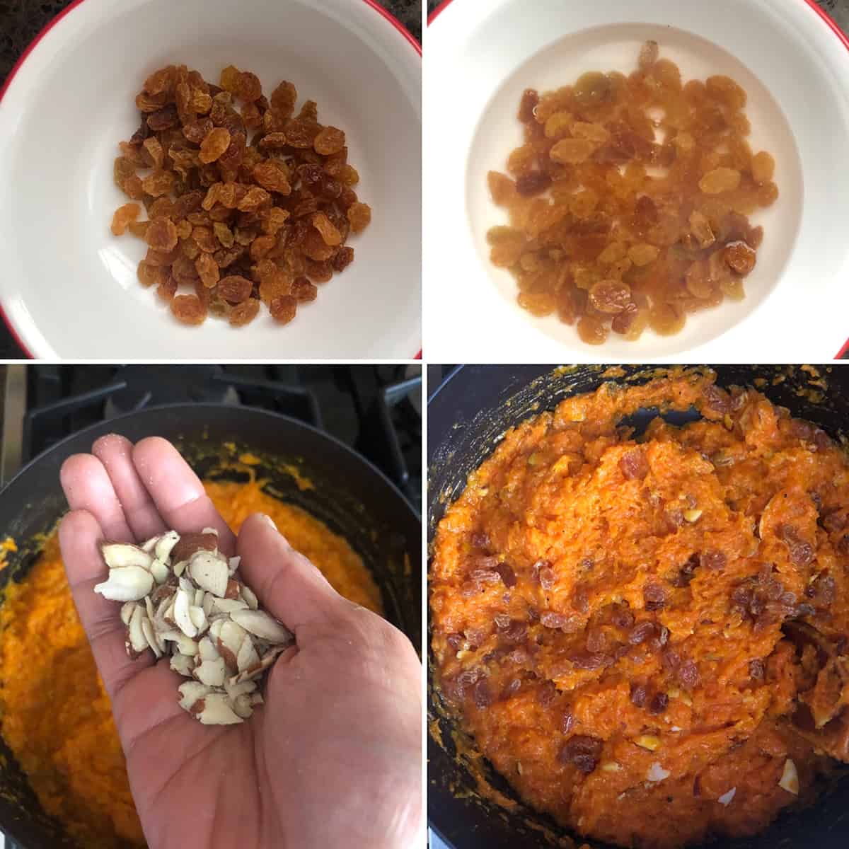 Soaked and drained raisins and sliced almonds being added