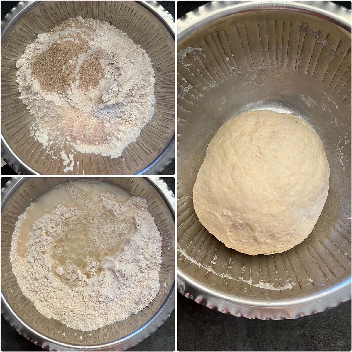 3 panel photo showing the making of dough.