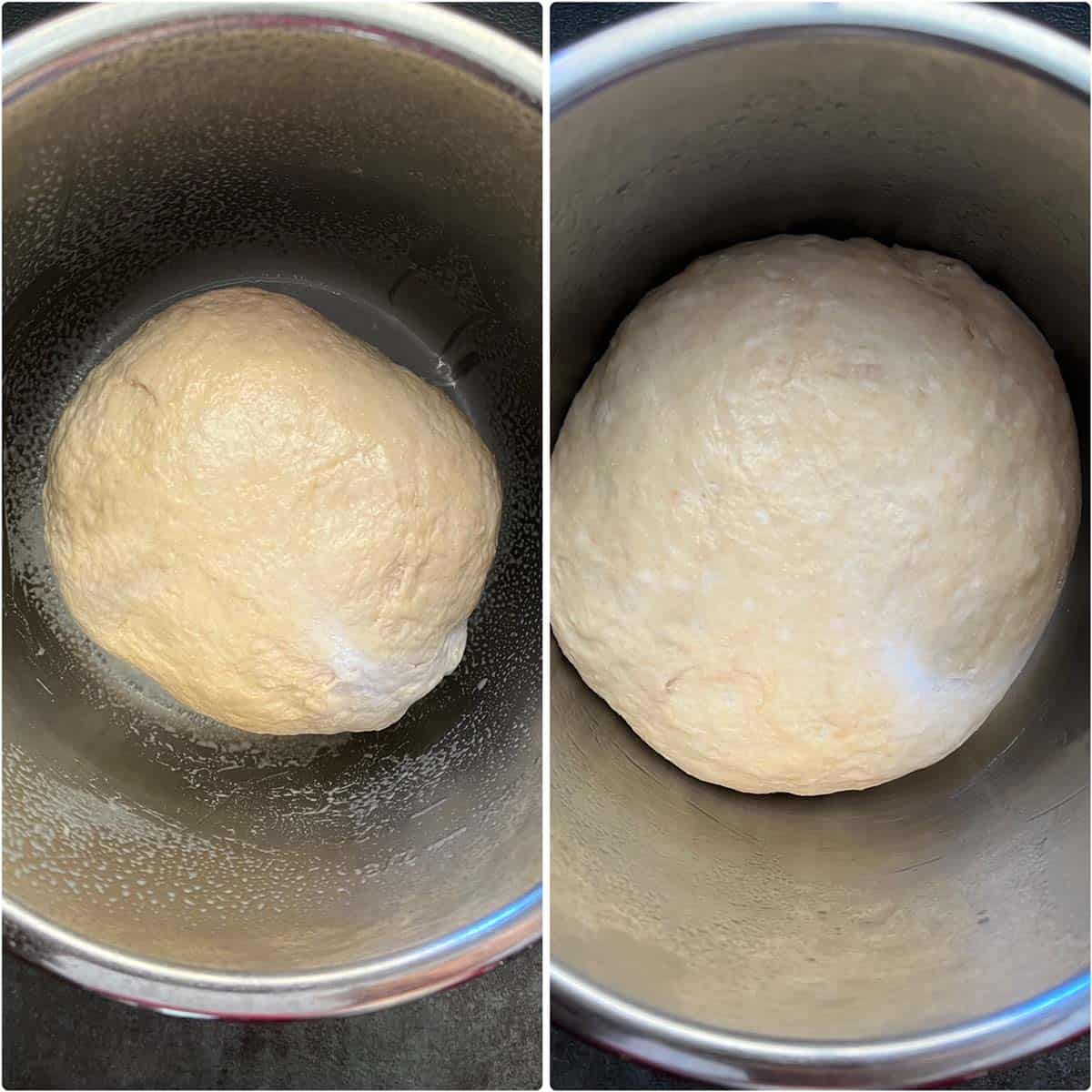 2 panel photo showing the dough before and after rising.