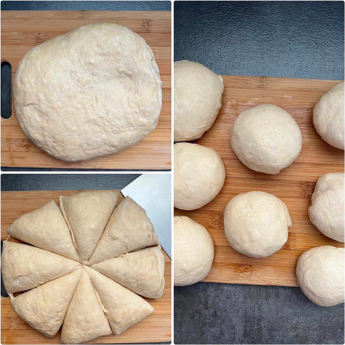 3 panel photo showing he dough divided into pieces.