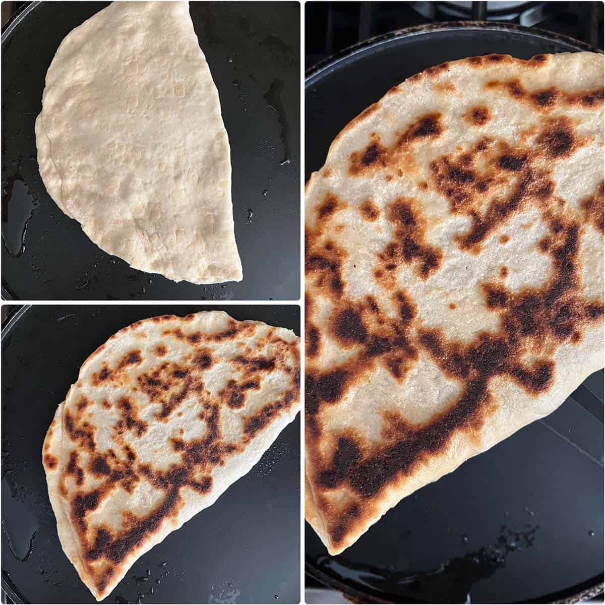 3 panel photo showing the cooking of flatbread on the tawa.