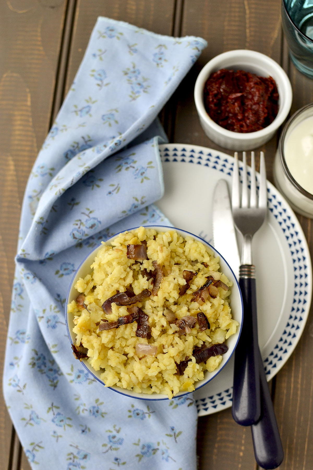 Bowl with Rice and lentils topped with fried onions