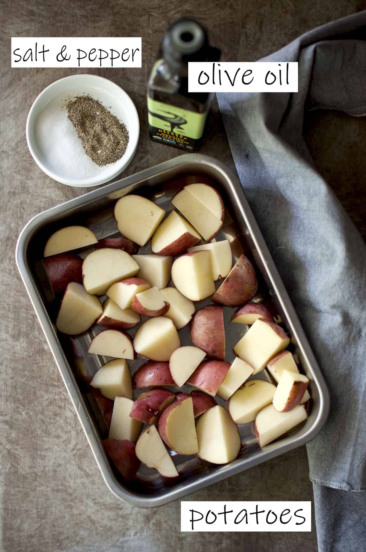 Ingredients needed for roasted potatoes - details in recipe card.