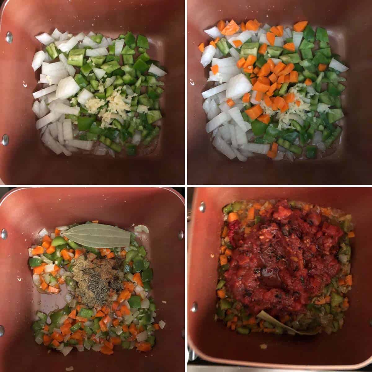 4 panel photo showing the sautéing of onions and veggies in a saucepan.