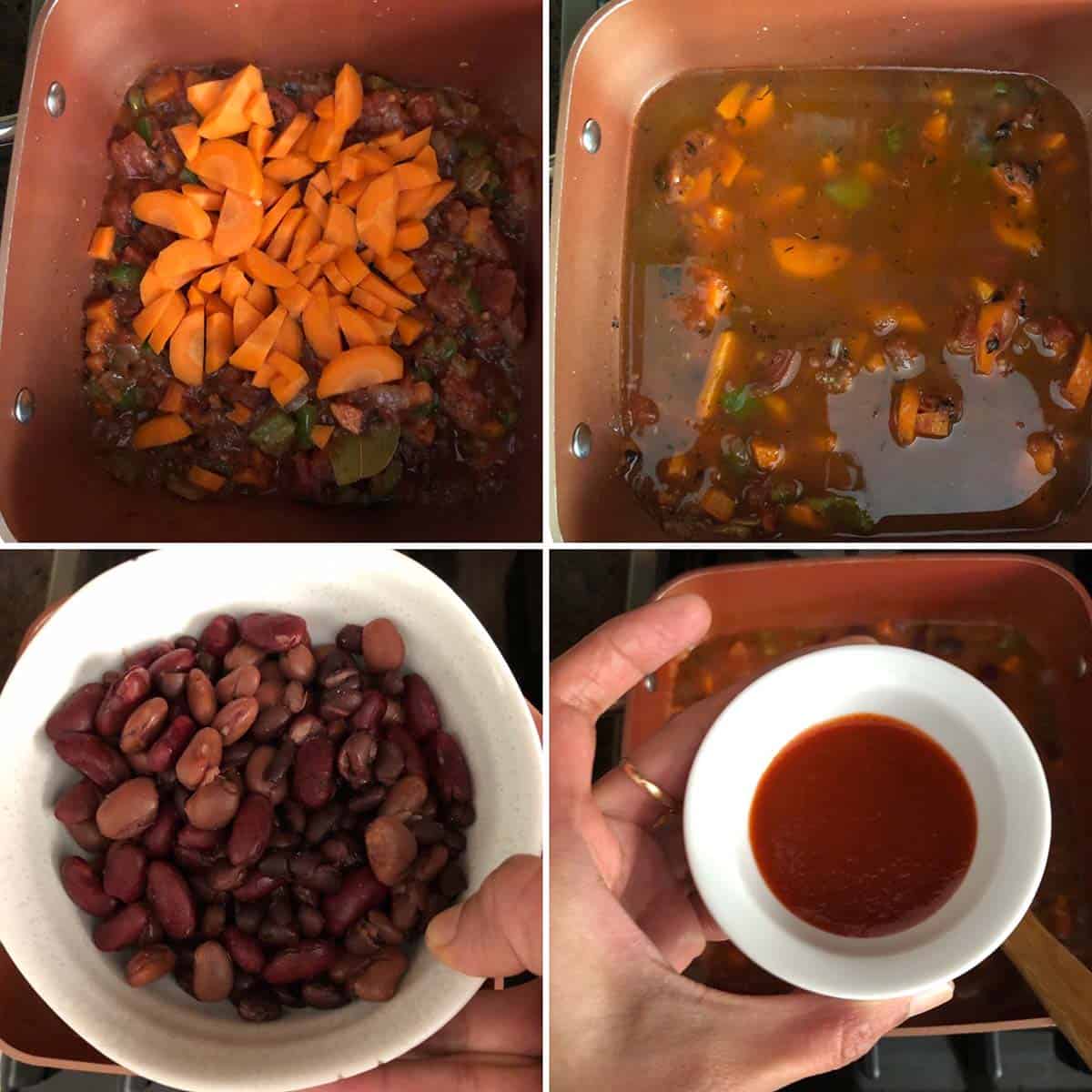 4 panel photo showing the addition of carrots, beans and hot sauce to the pan.